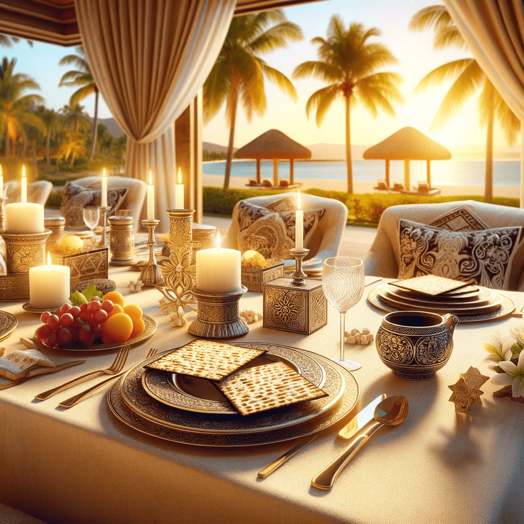 festive Passover table setting in a luxurious resort setting. The table is elegantly decorated with traditional Passover items like a Seder plate